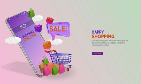 Digital marketing concept happy online shopping on a smartphone mobileのイラスト素材