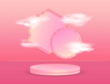 3d rendered podium pedestal in pastel color background with floating cloud. Modern pink geometric podium with pastel empty room background. Studio room concept. Podium stand to show cosmetic products.のイラスト素材
