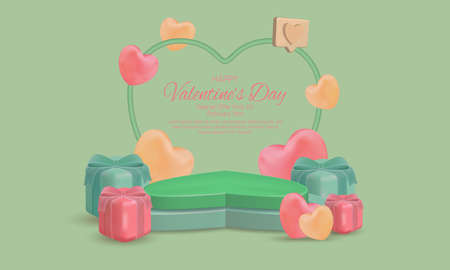 Valentine's day tiered love shaped podium for product presentation surrounded hearts shape and gift...