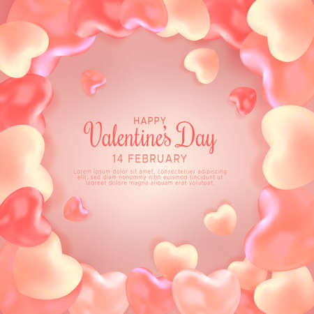 realistic 3d hearts greeting card wishes happy valentines day on a lovely frameのイラスト素材