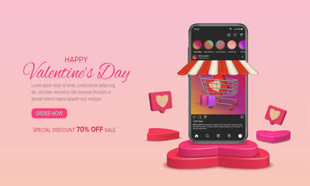 Valentine's day online shopping social media post with smartphone and 3d podium on pink background.のイラスト素材