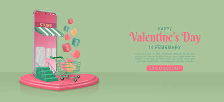 Valentine's day mega sale discount banner with podium and 3d heart shaped on green background.のイラスト素材