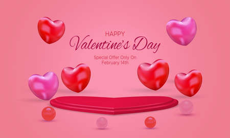 Heart-shaped Valentine's day podium with love hearts shape and realistic pearl on pink backgroundのイラスト素材