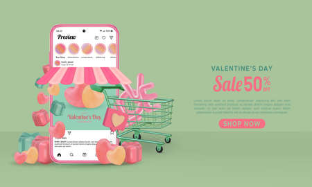 Valentine's day online shopping big sale with realistic smartphone and shopping cart on green backgroundのイラスト素材