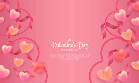 Valentines day background with 3d sweethearts shaped balloons and pink ribbonsのイラスト素材