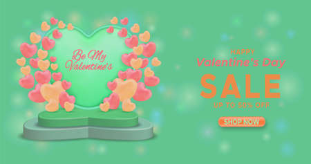 Valentine's day sale discount banner with podium and 3d heart-shaped balloons on a green backgroundのイラスト素材