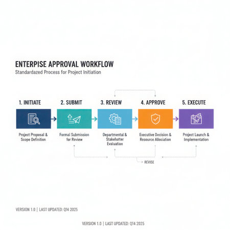This visual diagram illustrates the five steps of a standardized enterprise approval workflow for project initiation. The process starts with 'Initiate,' which includes project proposal and scope definition. Next, in the 'Submit' stage, a formal submission for review takes place. The third step, 'Review,' involves departmental and stakeholder evaluation. Following the review, the 'Approve' stage covers executive decision and resource allocation. The final step is 'Execute,' which encompasses project launch and implementation. The clean, linear flowchart outlines a structured approach to corporate project management.の素材