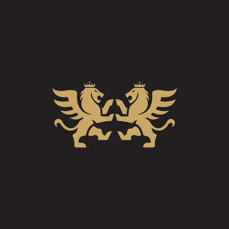Golden lion with wings logo template design on a dark background. Vector illustration.のイラスト素材