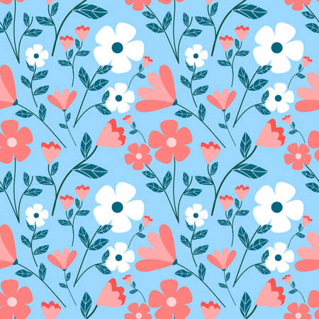 Colorful Flower Seamless Pattern Blue Background