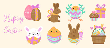 Easter Eggs with Realistic Ornamen. Vector Happy Easter Icons Set with rabbit, eggs, bird, floral and bunny vector elementのイラスト素材