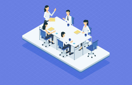 Business meeting project isometric vector illustration. Team brainstorming, discussing project or strategyのイラスト素材