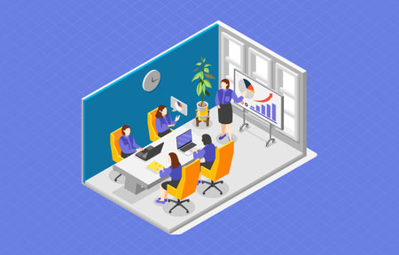 Business meeting Isometric vector illustration. Isometric office work crowd, team meeting and discussionのイラスト素材