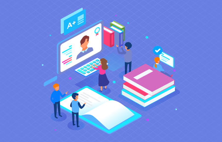 Library isometric vector illustration. Library and education set - students, books inside laptop and smartphone, online service for reading.のイラスト素材