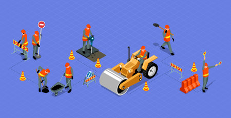 Road repair isometric vector illustration. Road repair and construction, vector 3D isometric iconsのイラスト素材