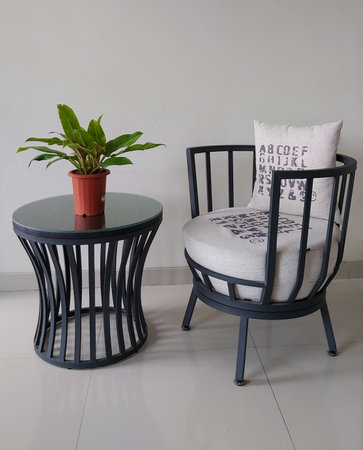 white empty scandinavian lounge interior with vase on wooden table and chairsの写真素材