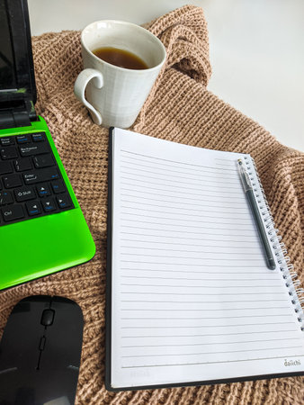 relaxed working atmosphere with minimalist style. autumn conceptの写真素材