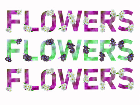 two design color of floral letters FLOWERS text. The letters F, L, O, W, E, R, S are made from flower photos. A collection of wonderful flora letters for unique decorations and various creation ideas.の写真素材