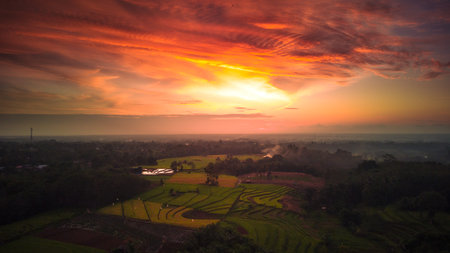 aerial view beautiful morning view from Indonesia about mountain and forestの写真素材