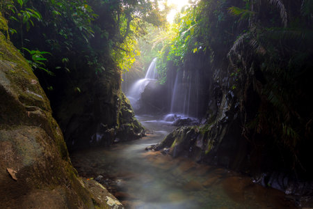 Visit the charm of Indonesia with the Lorong Watu waterfall, North Bengkulu. A narrow alley lined with stone walls, the morning light shines on the waterfallの写真素材