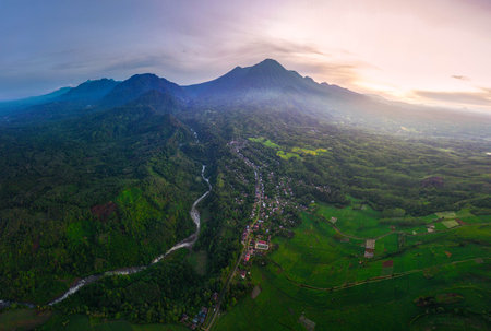 Beautiful morning view indonesia Panorama Landscape paddy fields with beauty color and sky natural lightの写真素材
