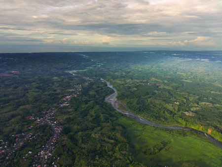 Beautiful morning view indonesia Panorama Landscape paddy fields with beauty color and sky natural...