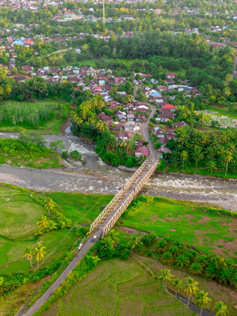 beautiful morning view panorama of indonesia agriculture industry rice fields with beautiful sky...