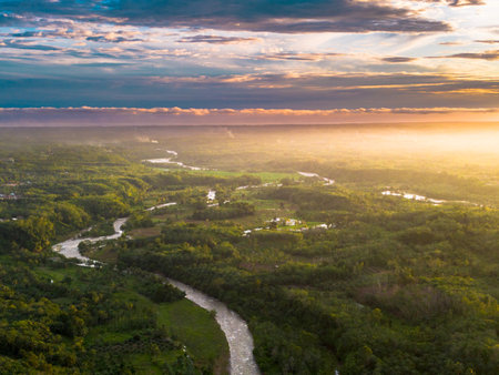 beautiful morning view panorama of indonesia agriculture industry rice fields with beautiful sky colors natural lightの写真素材