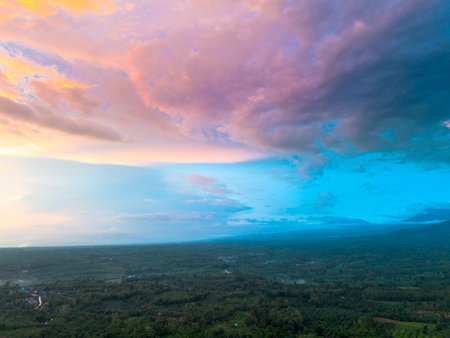 beautiful morning view panorama of indonesia agriculture industry rice fields with beautiful sky colors natural lightの写真素材