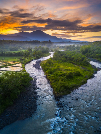 Beautiful morning view indonesia panorama landscape paddy fields with beauty color and sky natural lightの写真素材