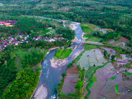 Beautiful morning view indonesia panorama landscape paddy fields with beauty color and sky natural...