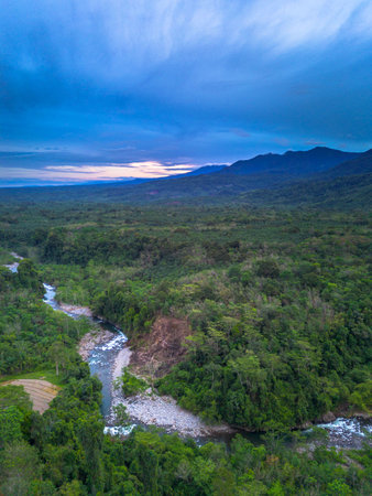 the beauty of Indonesia with mangrove forests at sunsetの写真素材