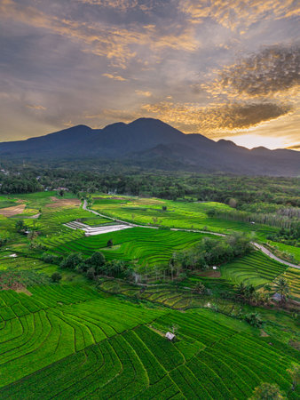 Wonderful sunrise scenery indonesia nature mountain valley forest with bright skyの写真素材