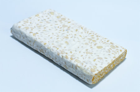Tempeh Fermented Soybean Block on Blue Background