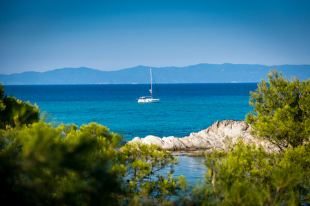 Seascape on beautiful summer, sunny day with beautiful mediterranean trees  and the boat in the middle of the bay.の写真素材