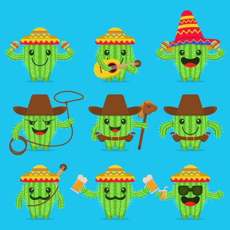 vector illustration of a set of mexican cactus characters with various styles and expressionsのイラスト素材