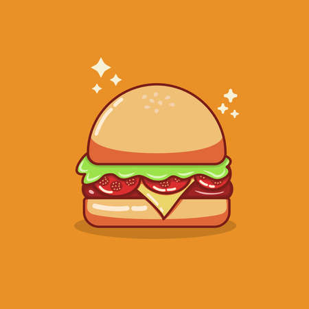 Vector illustration of fast food hamburger. Isolated on flat design on orange background. flat designのイラスト素材