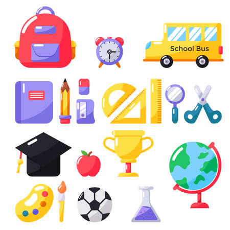 a set of collection of school equipment or items. flat design illustration