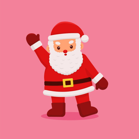 Vector illustration design featuring adorable Santa Claus waving cheerfully. set against a solid pink background. Perfect for Christmas designs and New Year celebrationsのイラスト素材