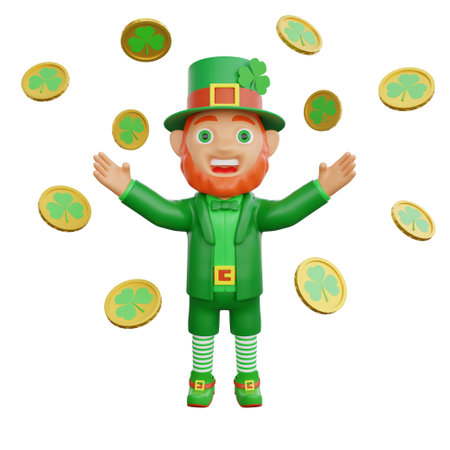 3D illustration of leprechaun surrounded by golden coins adorned with leaf clovers, perfect for St. Patrick's Day themed projectsの写真素材