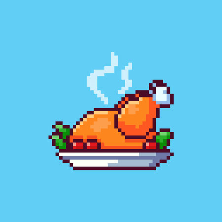 Vector Illustration of Thanksgiving Roast Turkey with Pixel Art Design, perfect for game assets themed designsのイラスト素材
