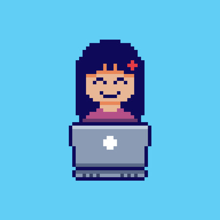 Vector Illustration of woman working with a laptop with Pixel Art Design, perfect for game assets themed designsのイラスト素材