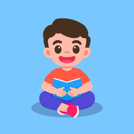 Vector illustration of a happy cartoon boy sitting and reading a book suitable for kids contentのイラスト素材