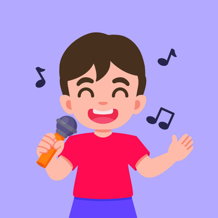 Vector illustration of a cute cartoon boy happily singing with a microphone suitable for kids contentのイラスト素材