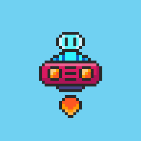 Vector Illustration of Robot Flying in Spaceship with Pixel Art Design, perfect for game assets...