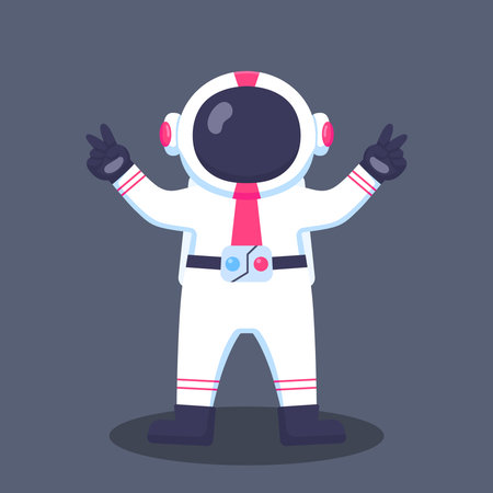 Flat vector illustration of a cute astronaut standing with both hands showing peace signs on a dark background. Perfect for space, fantasy, and children themesのイラスト素材