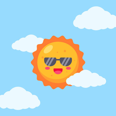 Flat vector illustration of a cheerful sun wearing sunglasses surrounded by fluffy clouds on a blue sky background. Perfect for summer, weather, and vacation themesのイラスト素材
