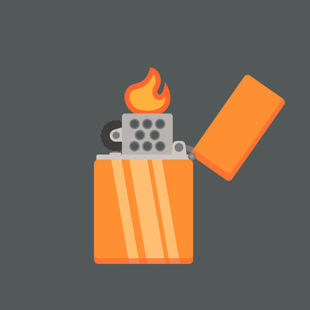 Flat vector illustration of an orange metal lighter with an open lid and a bright flame. Perfect for use in apps, websites, posters, and iconsのイラスト素材
