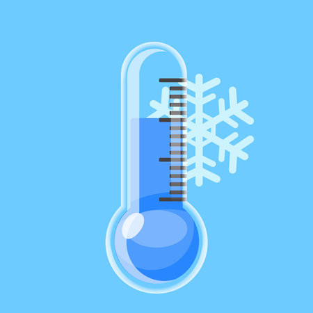 Flat vector illustration of a thermometer showing low temperature with a snowflake symbol. Perfect...