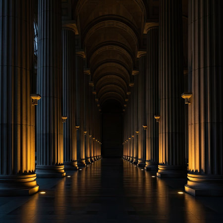An interior shot features numerous classical columns receding into the distance, illuminated by warm, golden light at their bases. The composition emphasizes symmetry and perspective, while the overall tone is dark and mysterious. This architectural image may be suitable for editorial or commercial projects.の素材