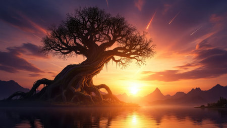 An imposing tree stands silhouetted against a vibrant sunset. The composition emphasizes the contrast between the dark tree and the bright, colorful sky, reflected in the calm water below. The image exhibits a painterly style with warm colors, suggesting a tranquil outdoor environment. Suitable for artistic prints, design projects, and various commercial applications.の素材